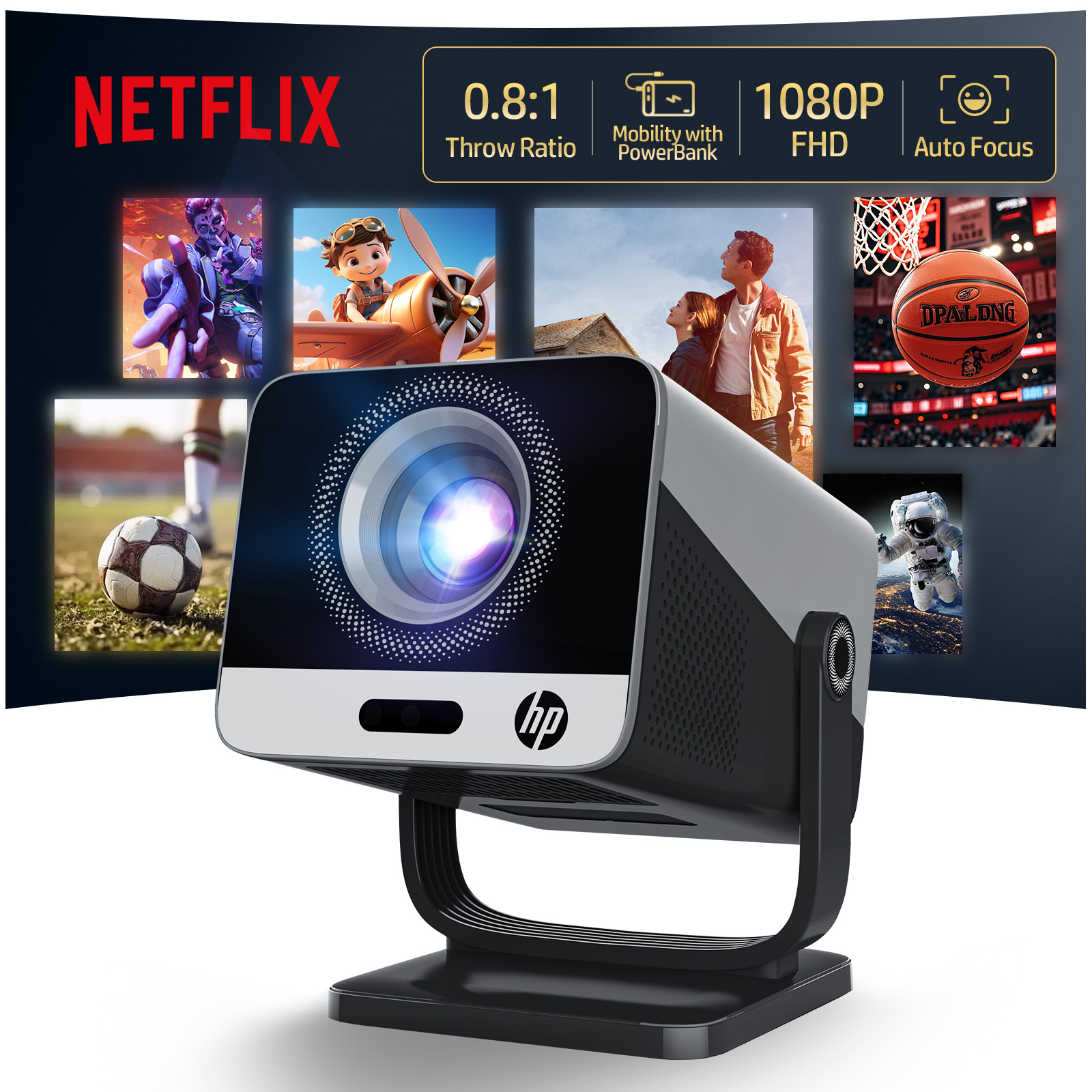 Netflix Home Cinema - [Netflix認証] HP MC475 プロジェクター、AI対応、FHD 108P Allwinner