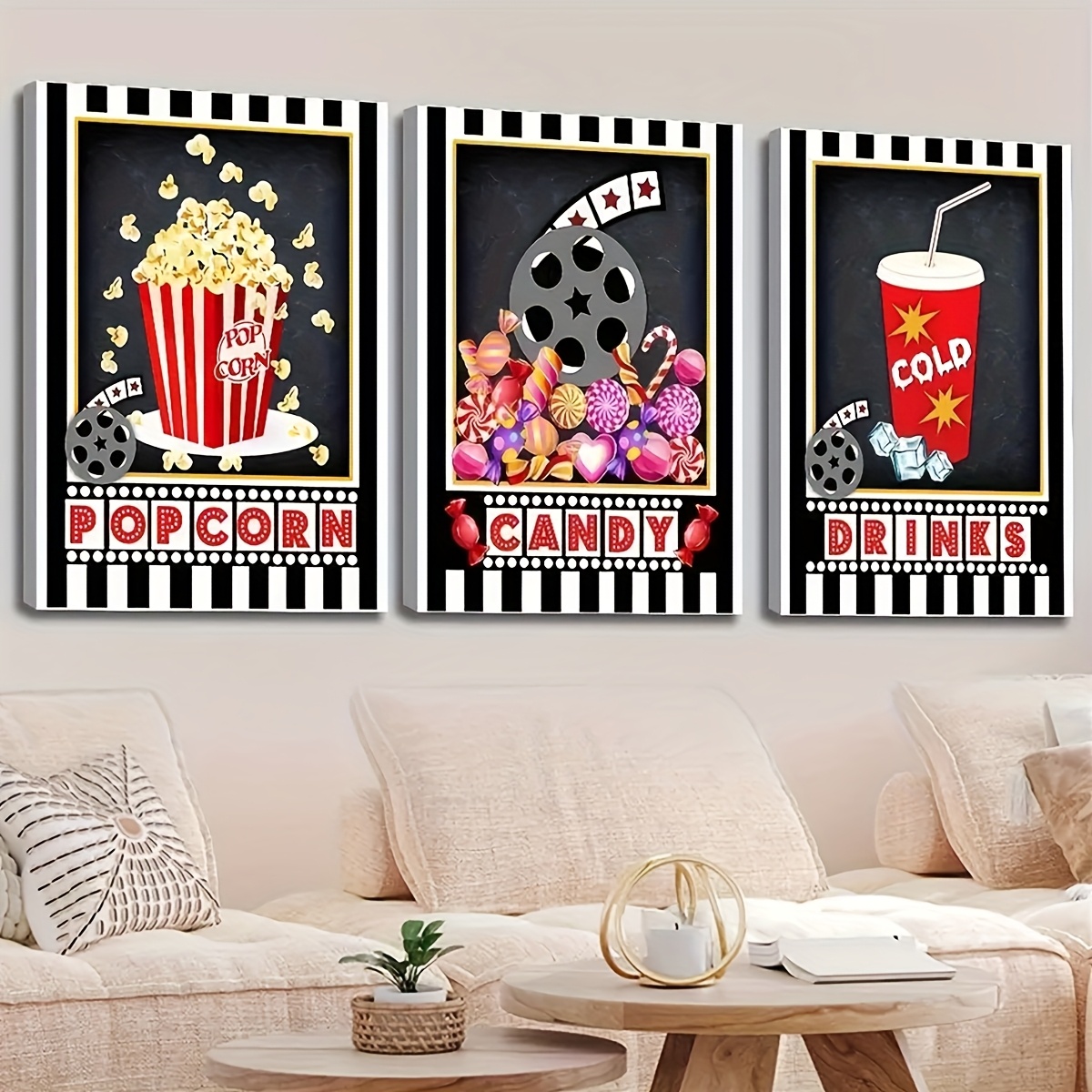 3 個フレームレスウォールアートデコ、北欧スタイル、映画のテ - Home Cinema Logo のレビューと価格