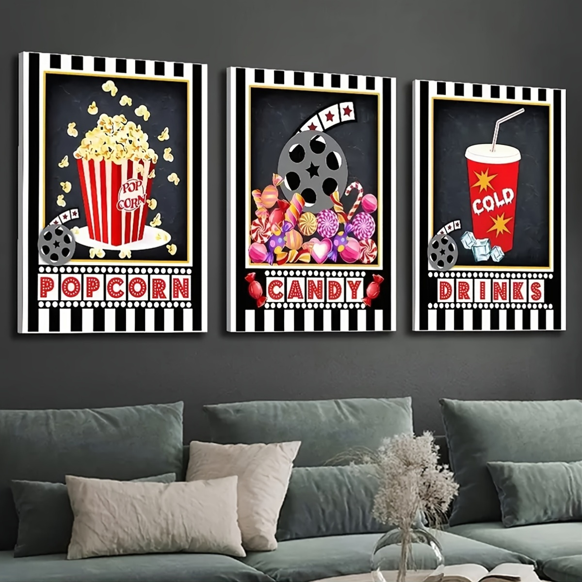 3 個フレームレスウォールアートデコ、北欧スタイル、映画のテ - Home Cinema Logo のレビューと価格