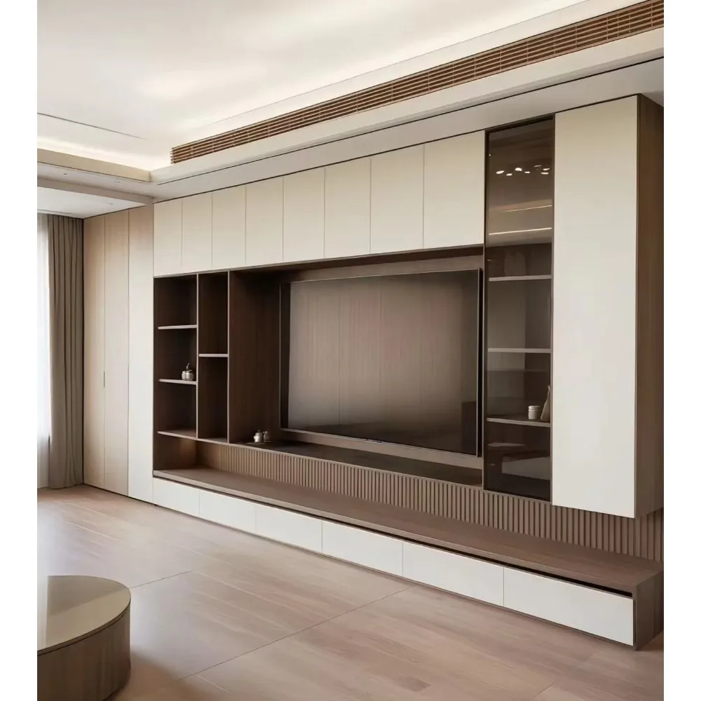 モダンなカスタム木製ロータイプテレビ台、パネルデザイン、高さ - Home Cinema Furniture のレビューと価格