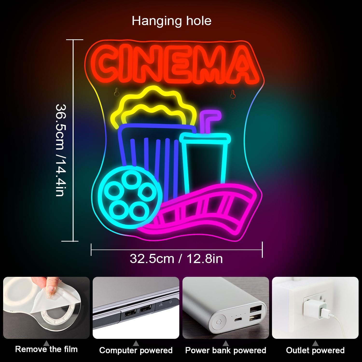 シネマネオンサイン USB電源 ポップコーン LEDネオンラ - Home Cinema Wall Lights のレビューと価格